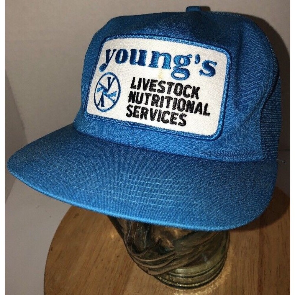 VTG YOUNG'S Livestock Nutritional 80s USA K-Products Trucker Hat Cap Snapback
